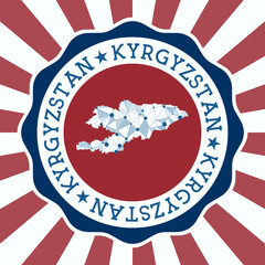 Kyrgyzstan Badge. Round logo of country with triangular mesh map and radial rays. EPS10 Vector.