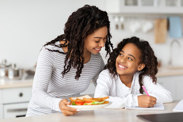 Cute black mother and daughter eating sandwiches