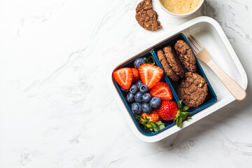 Lunch box with fruits and cookies on white marble background, top view. Takeaway healthy snack...