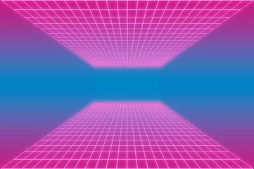 Printed roller blinds Pink Pink and violet gradient retro-futuristic 80's glowing synthwave cyberpunk grid background with copy space