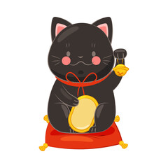 Black Maneki-neko Cat with Raised Paw Ringing Bell and Holding Coin as Ceramic Japanese Figurine Bringing Good Luck Vector Illustration