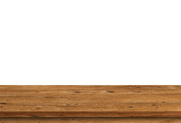 Empty brown wood table top isolated on white background. Template mock up for display of product
