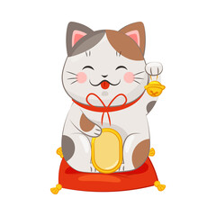 White Maneki-neko Cat Holding Gold Coin and Ringing Bell as Ceramic Japanese Figurine Bringing Good Luck Vector Illustration