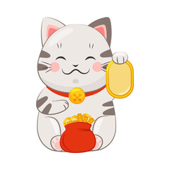 White Maneki-neko Cat with Collar Holding Gold Coin with Paw as Ceramic Japanese Figurine Bringing Good Luck Vector Illustration