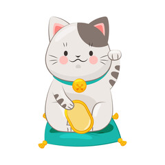 White Maneki-neko Cat with Raised Left Paw and Gold Coin as Ceramic Japanese Figurine Bringing Good Luck Vector Illustration