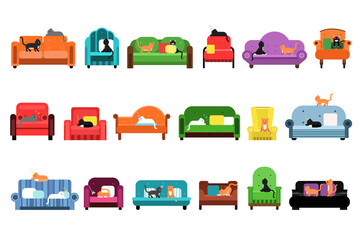 Cats Sitting and Sleeping on Soft Armchair and Sofas Vector Set