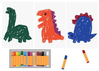クレヨンで子供が描いたような恐竜の線画のセット（幼稚園や絵画コンクール、ステイホーム等に）
