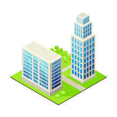 Isometric Cityscape with Skyscraper and Multistory Structure on Green Lawn Vector Illustration