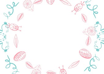 Easter decoration with colorful bunnies, eggs and flowers with copy space against white background