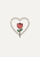 Rose flower icon over heart shape with copy space against white background