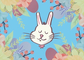 Digitally generated image of easter bunny against floral decorations on blue background