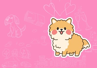 Digitally generated image of cute puppy dog icon against multiple abstract icons on pink background