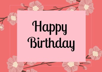 Happy birthday text over pink banner against floral design on orange background