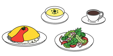Omelet rice, soup, salad, coffee, set