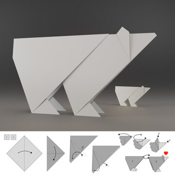 Polar bear origami, 3d render template and 2d illustration. Design paper arctic bear step by step instruction. Monochromatic black, gray and white colors.