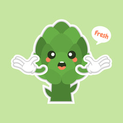 cute and kawaii artichoke cartoon character flat design, vitamins, vegetables, healthy food, nutrients, diet. Vitamins and minerals. Health benefits of artichoke. Funny character.