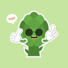 cute and kawaii artichoke cartoon character flat design, vitamins, vegetables, healthy food, nutrients, diet. Vitamins and minerals. Health benefits of artichoke. Funny character.