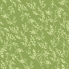 Seamless natural pattern. Tree branches with leaves on a green background. Botanical illustration. Design of wallpaper, fabrics, textiles, packaging, posters, postcards,  wedding design. 
