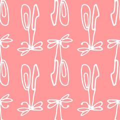 a pattern of a pair of ballet flats on a ribbon with a white line on a pink background. Seamless pattern of children's pointe shoes tied with a bow hand drawn in doodle style with a white line on a pa