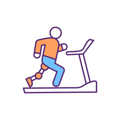 Treadmill training with prosthetic lower limb RGB color icon. Outdoor walking and running simulation. Physical strength and vitality improvement. Rehabilitation. Isolated vector illustration
