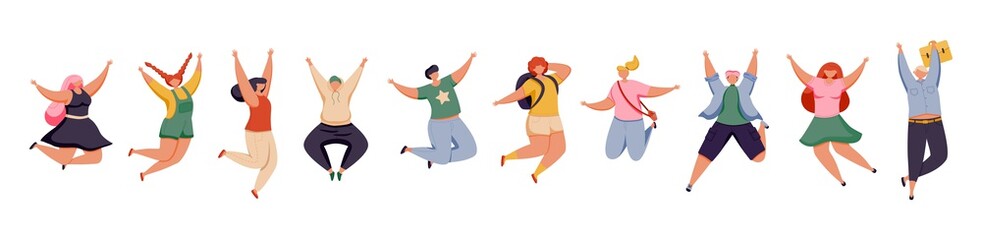 Happy jumping people. Cheerful young male and female in colorful clothes isolated on white background. Active group of people. Flat vector illustration.