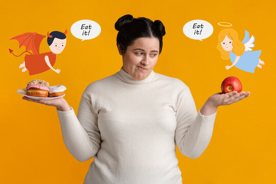 Hungry overweight woman on diet making choice between donuts and apple, tempted by devil and supported by angel