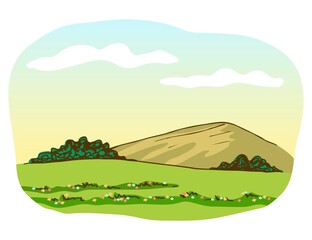 Simple color vector drawing in flat style. Summer nature, mountain landscape, flowers and green grass in the foreground, bushes, vegetation. Clouds in the morning sky. Flowering meadows, foothills.