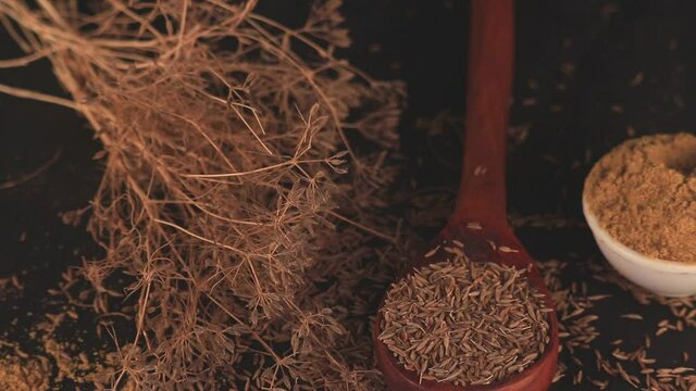 Carvi seeds up view,cumin-powdered cumin spice with seeds on black background,cumin seeds and cumin ground,hd footage clip