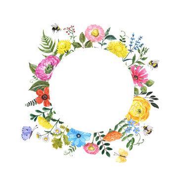 Beautiful floral round frame with pretty wildflowers, bees and butterflies. Watercolor image isolated on white background. Summer meadow flowers illustration. Botanical wreath.