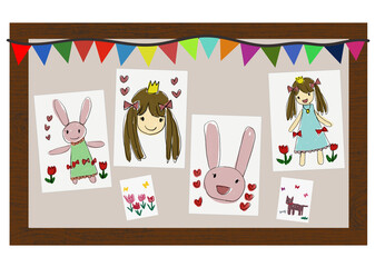 子供が描いたような、クレヨン・水彩画をボードに貼り付けた、手描きイラスト。ガーランドで飾り付けあり（保育園や幼稚園、ステイホームを子供たちと楽しむためのお絵描きをイメージした楽しい雰囲気の表現等に）