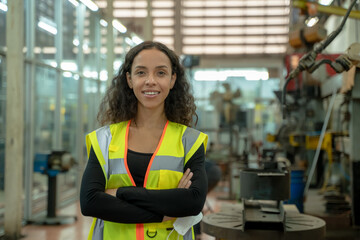 Engineer woman working and checking with machine in the factory.