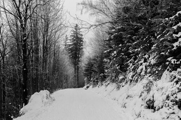 Verschneiter und glatter Wanderweg an einem Berg in Aschau am Chiemsee