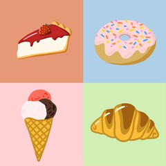 Sweet desserts icons set: cheesecake, donut, ice cream, croissant 