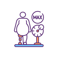 Overweight transfemoral amputee RGB color icon. Prosthetic rehabilitation. Morbidly obese patients. Weight management. Poor stability. Artificial limb weight. Isolated vector illustration