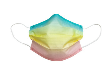 front view of rainbow color disposable face mask isolated on white background