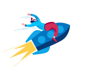 A young man flies on a rocket. Vector illustration of a successful idea.