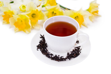 Black tea in a cup with yellow daffodil flowers isolated on a white background.