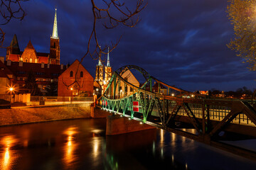 evening view of the Odra River and Tumski Island in the city of Wroclaw in Poland