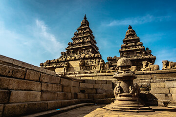 Fototapeta premium Shore temple built by Pallavas is UNESCO`s World Heritage Site located at Mamallapuram or Mahabalipuram in Tamil Nadu, South India.