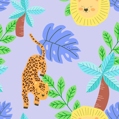 Zoo seamless pattern set with animals in cartoon style collection with mammals and botanical