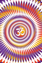 White mandala with the sign Aum / Om / Ohm on a bright abstract background of colored stripes and spots. Pixel graphics