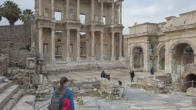 Selcuk, Ephesus, Turkey - January 2021: View of the ruins of the ancient Greek city of Ephesus near Selcuk. Ruins of the ancient city.