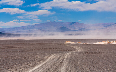 Primitive track in a field of volcanic ash in the vicinity of the pumice lava field of Campo de Piedra Pomez on the high altitude puna, northwest Argentina