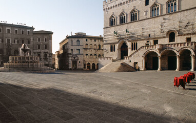 The wonderful Piazza 4 novembre and the medieval Palazzo dei Priori in the heart of Perugia in Umbria