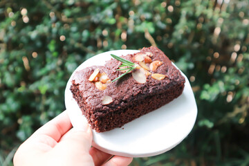 brownie, chocolate cake with almond topping