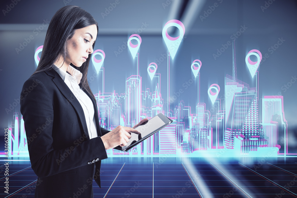 Poster Global business and network connection concept with businesswoman with digital tablet on virtual wall with city and pin points background