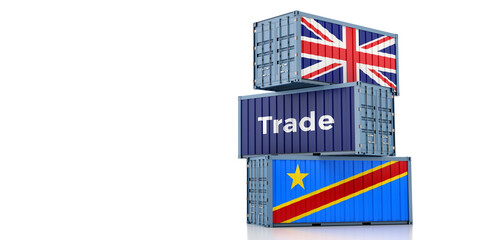 Fototapeta na wymiar Freight containers with United Kingdom and Democratic Republic of the Congo national flags. 3D Rendering 