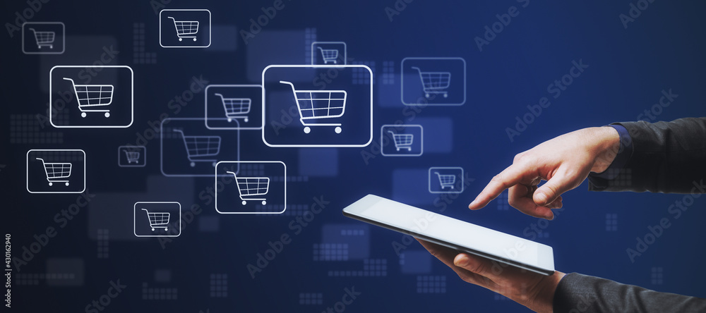 Poster online shopping addiction concept with man finger on digital tablet touch screen at abstract digital