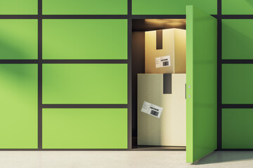 Storage facilities service concept with card boxes in green terminal cell