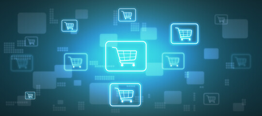 Purchase online concept with glowing digital shopping cart icons on abstract blue background